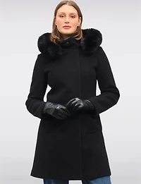 Elegant Straight Cut Wool Blend Coat with Detachable Faux Fur Trim Hood by Saki