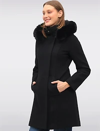 Elegant Straight Cut Wool Blend Coat with Detachable Faux Fur Trim Hood by Saki