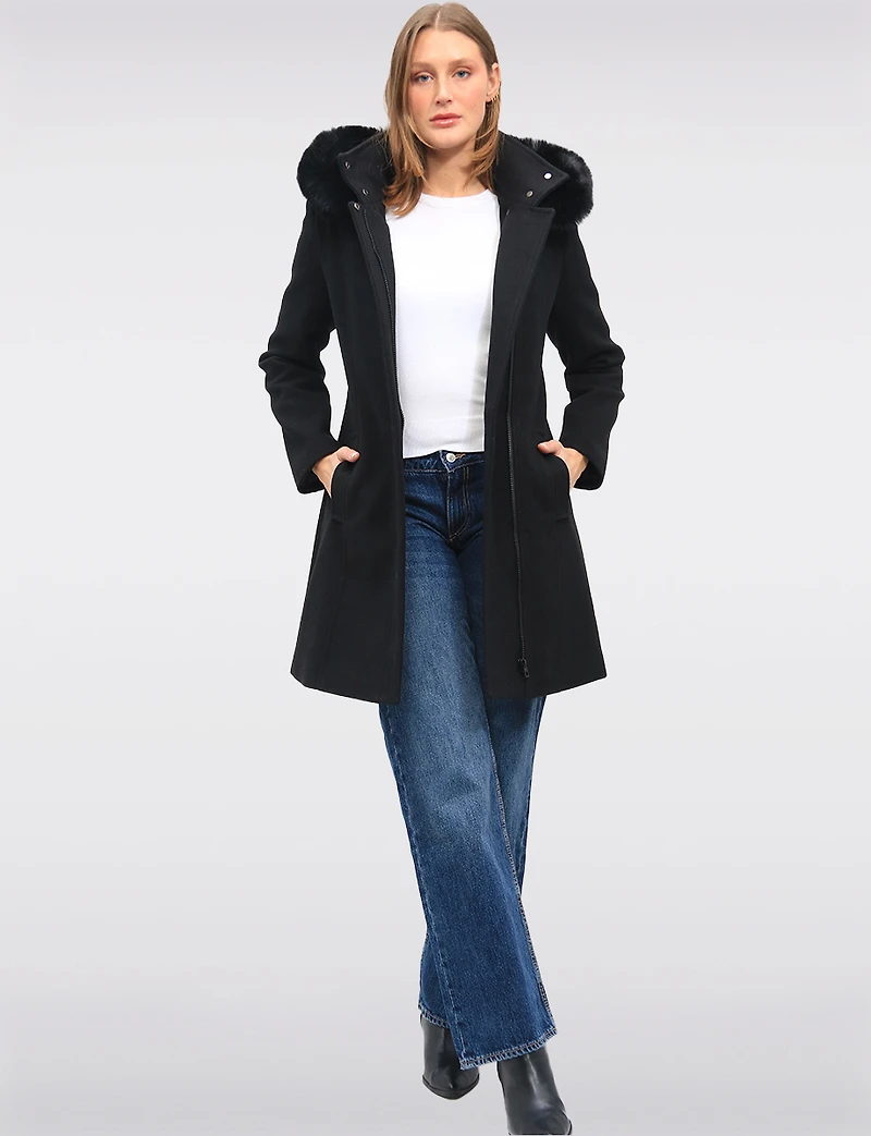Elegant Straight Cut Wool Blend Coat with Detachable Faux Fur Trim Hood by Saki