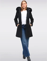 Elegant Straight Cut Wool Blend Coat with Detachable Faux Fur Trim Hood by Saki