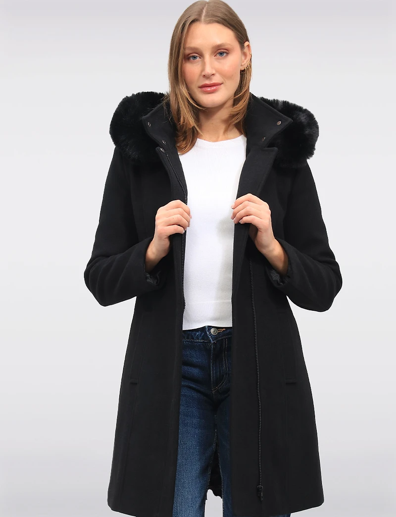 Elegant Straight Cut Wool Blend Coat with Detachable Faux Fur Trim Hood by Saki