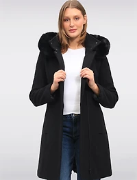 Elegant Straight Cut Wool Blend Coat with Detachable Faux Fur Trim Hood by Saki