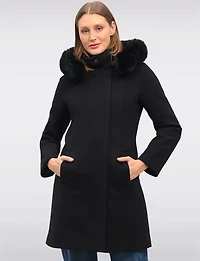 Elegant Straight Cut Wool Blend Coat with Detachable Faux Fur Trim Hood by Saki