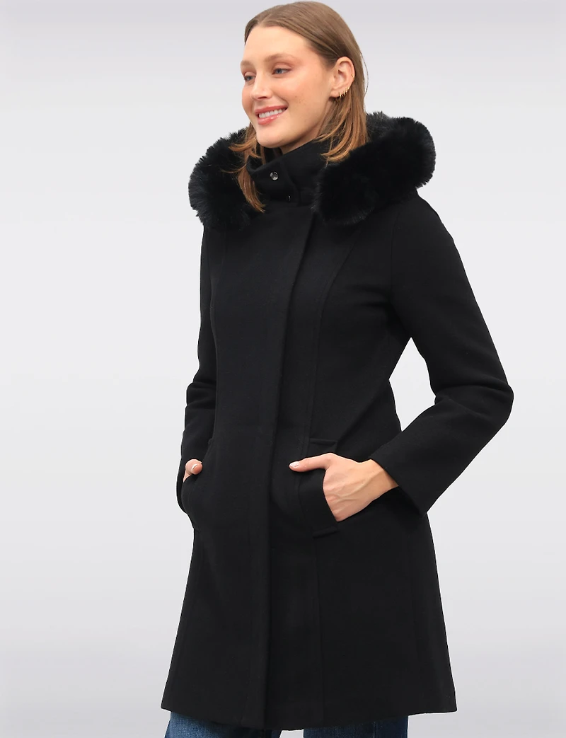 Elegant Straight Cut Wool Blend Coat with Detachable Faux Fur Trim Hood by Saki