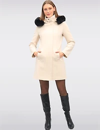 Elegant Straight Cut Wool Blend Coat with Detachable Faux Fur Trim Hood by Saki