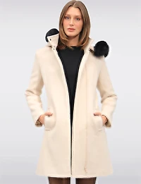 Elegant Straight Cut Wool Blend Coat with Detachable Faux Fur Trim Hood by Saki