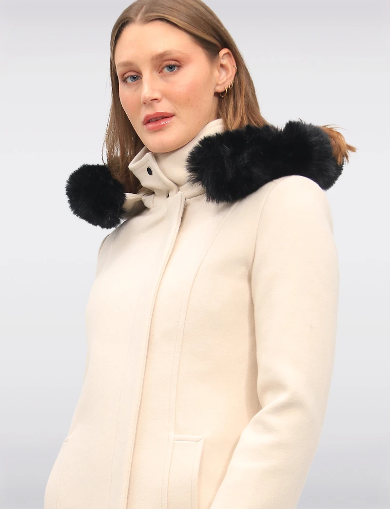 Elegant Straight Cut Wool Blend Coat with Detachable Faux Fur Trim Hood by Saki