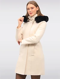 Elegant Straight Cut Wool Blend Coat with Detachable Faux Fur Trim Hood by Saki