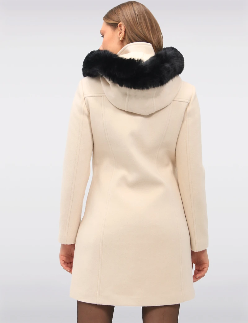 Elegant Straight Cut Wool Blend Coat with Detachable Faux Fur Trim Hood by Saki