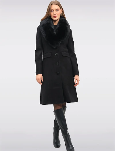 Mia Luxurious Wool-Blend Straight Long Coat with Faux-Fur Shawl Collar by Saki