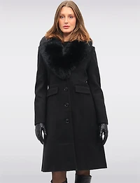 Mia Luxurious Wool-Blend Straight Long Coat with Faux-Fur Shawl Collar by Saki