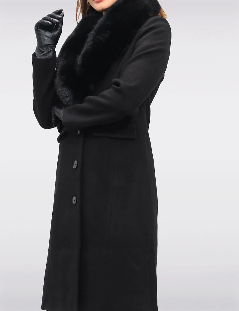 Mia Luxurious Wool-Blend Straight Long Coat with Faux-Fur Shawl Collar by Saki