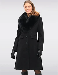 Mia Luxurious Wool-Blend Straight Long Coat with Faux-Fur Shawl Collar by Saki