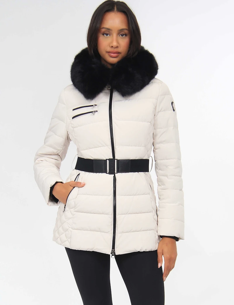 Jennsen Vegan Dual Quilted Polyloft Belted Coat with Faux Fur Trim Hood by Saki