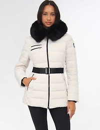 Jennsen Vegan Dual Quilted Polyloft Belted Coat with Faux Fur Trim Hood by Saki