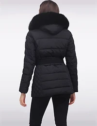 Jennsen Vegan Dual Quilted Polyloft Belted Coat with Faux Fur Trim Hood by Saki