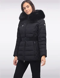 Jennsen Vegan Dual Quilted Polyloft Belted Coat with Faux Fur Trim Hood by Saki