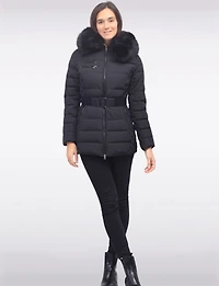 Jennsen Vegan Dual Quilted Polyloft Belted Coat with Faux Fur Trim Hood by Saki