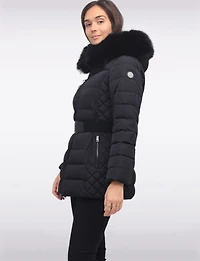 Jennsen Vegan Dual Quilted Polyloft Belted Coat with Faux Fur Trim Hood by Saki