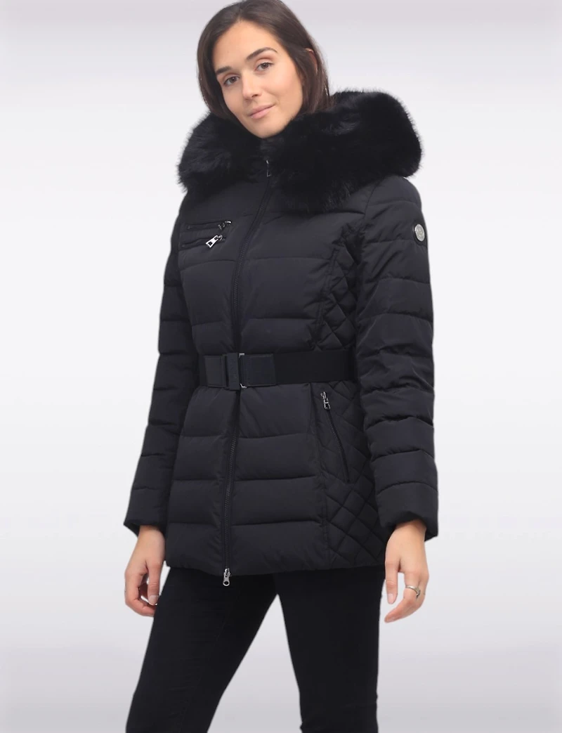 Jennsen Vegan Dual Quilted Polyloft Belted Coat with Faux Fur Trim Hood by Saki