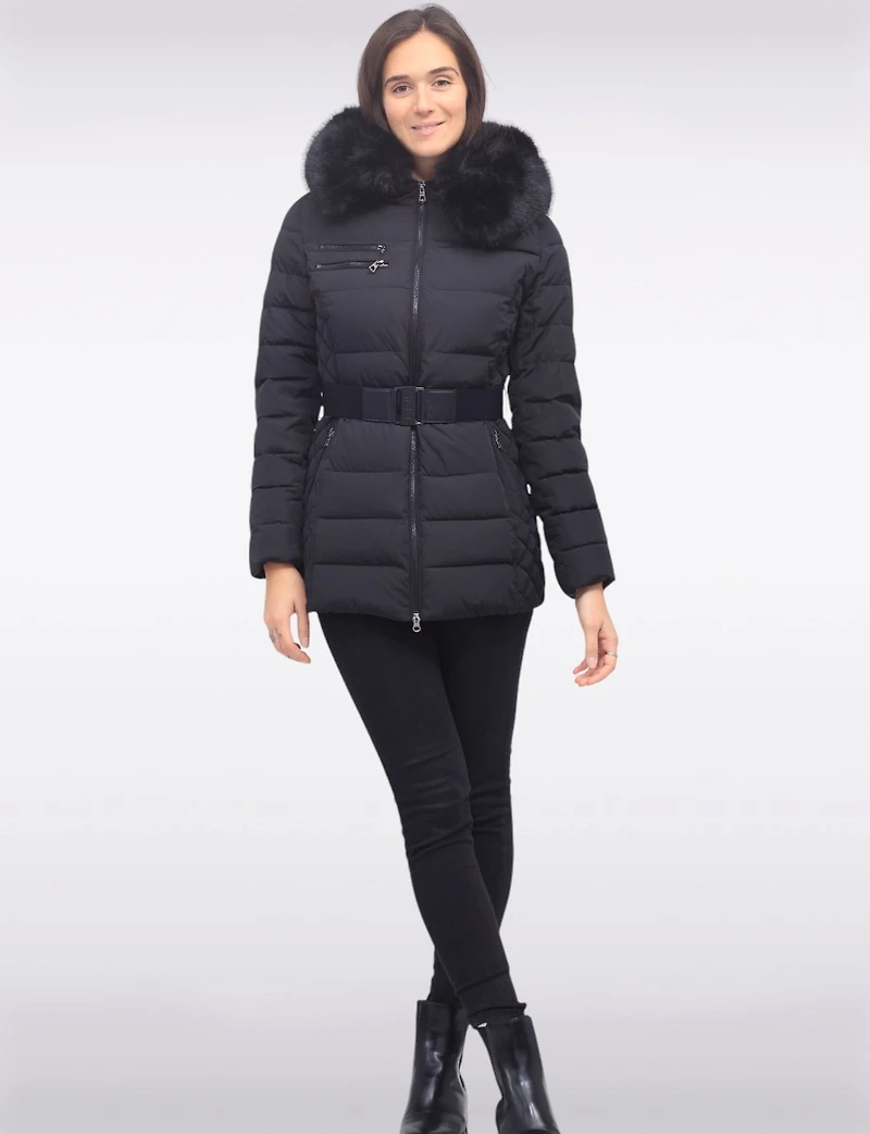 Jennsen Vegan Dual Quilted Polyloft Belted Coat with Faux Fur Trim Hood by Saki