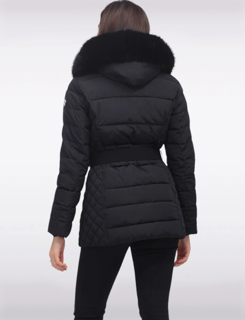 Jennsen Vegan Dual Quilted Polyloft Belted Coat with Faux Fur Trim Hood by Saki