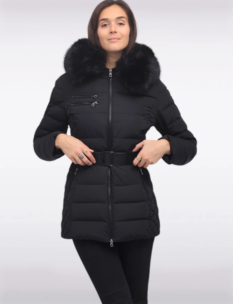 Jennsen Vegan Dual Quilted Polyloft Belted Coat with Faux Fur Trim Hood by Saki
