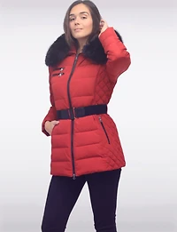 Jennsen Vegan Dual Quilted Polyloft Belted Coat with Faux Fur Trim Hood by Saki