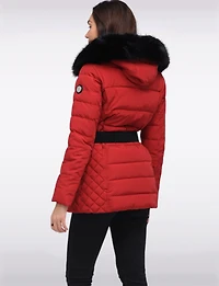 Jennsen Vegan Dual Quilted Polyloft Belted Coat with Faux Fur Trim Hood by Saki