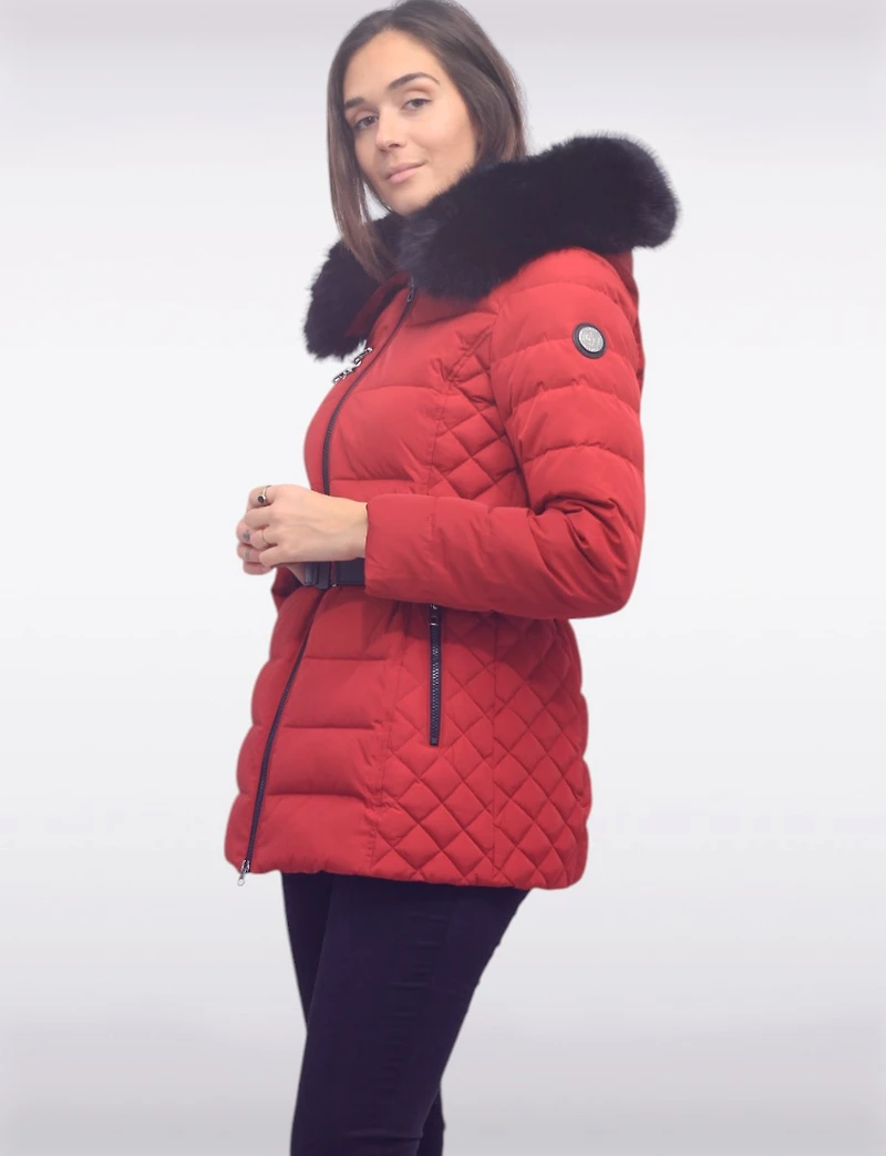 Jennsen Vegan Dual Quilted Polyloft Belted Coat with Faux Fur Trim Hood by Saki