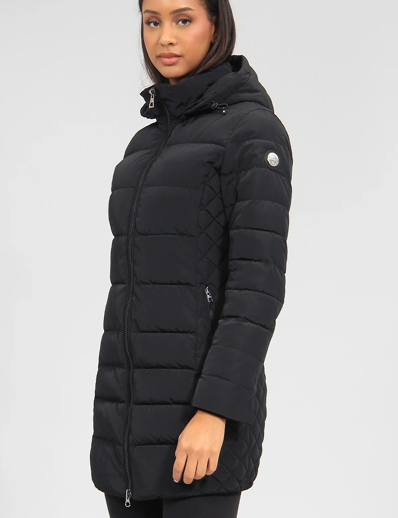 Eco-Down Vegan Belted Parka Dual Quilted Hooded Faux Fur Trimmed Coat by Saki