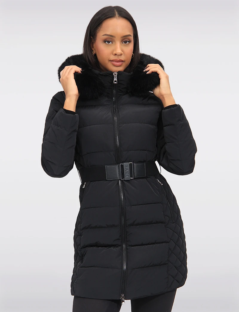 Eco-Down Vegan Belted Parka Dual Quilted Hooded Faux Fur Trimmed Coat by Saki