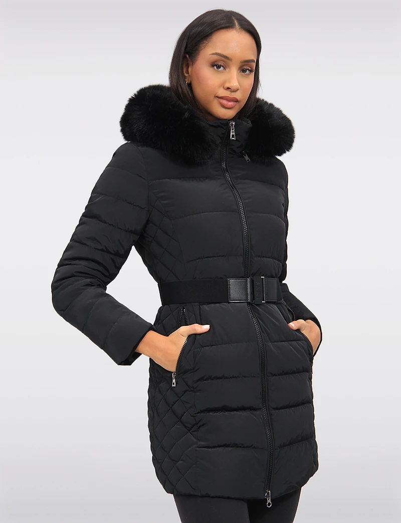 Eco-Down Vegan Belted Parka Dual Quilted Hooded Faux Fur Trimmed Coat by Saki