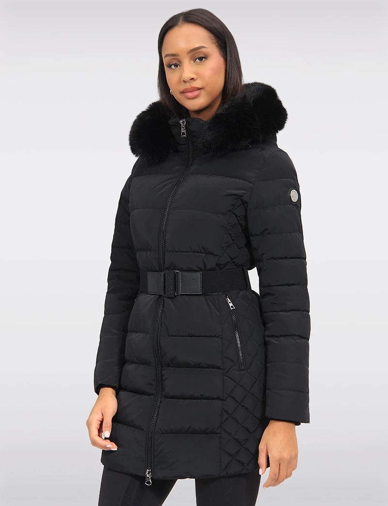 Eco-Down Vegan Belted Parka Dual Quilted Hooded Faux Fur Trimmed Coat by Saki