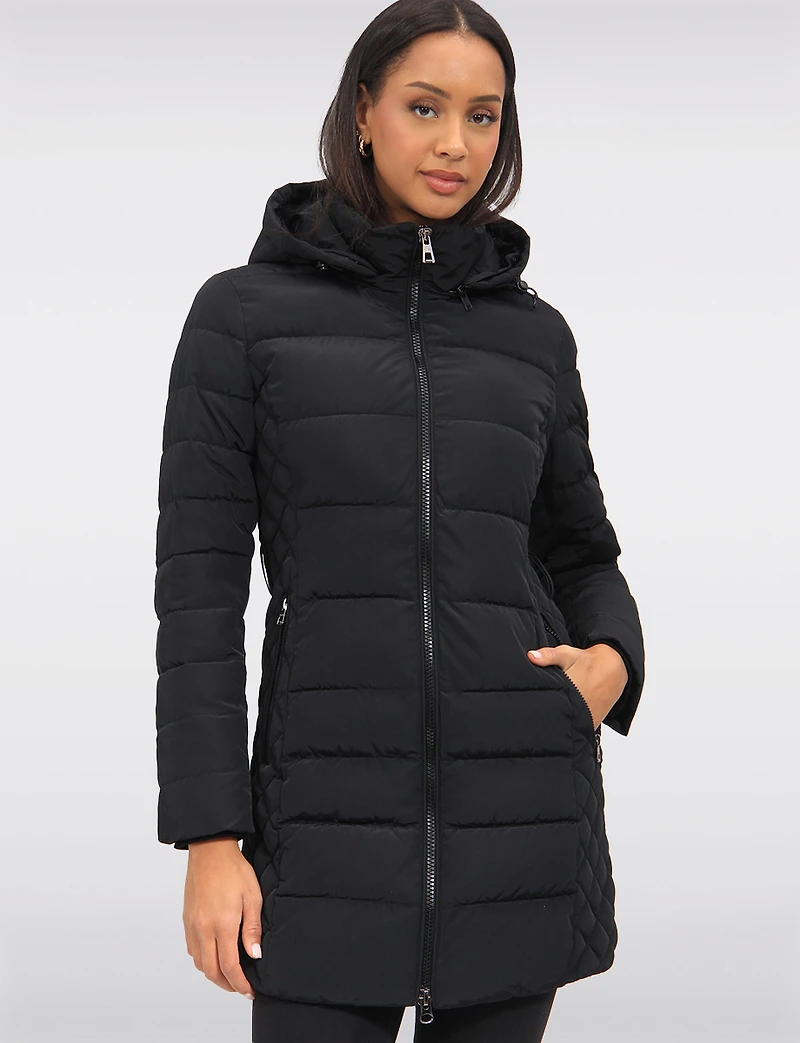 Eco-Down Vegan Belted Parka Dual Quilted Hooded Faux Fur Trimmed Coat by Saki