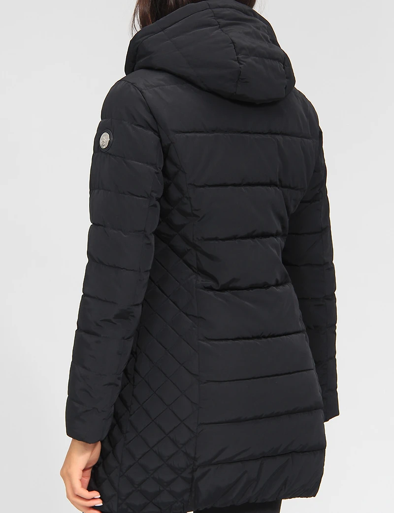Eco-Down Vegan Belted Parka Dual Quilted Hooded Faux Fur Trimmed Coat by Saki