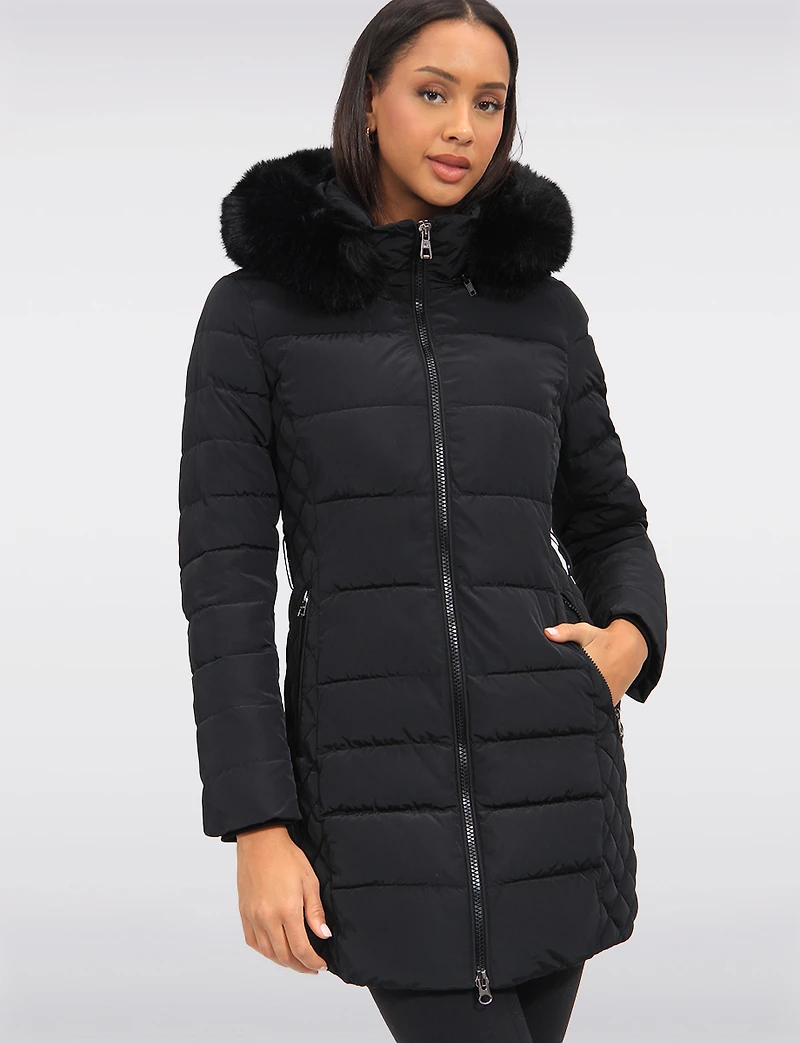 Eco-Down Vegan Belted Parka Dual Quilted Hooded Faux Fur Trimmed Coat by Saki