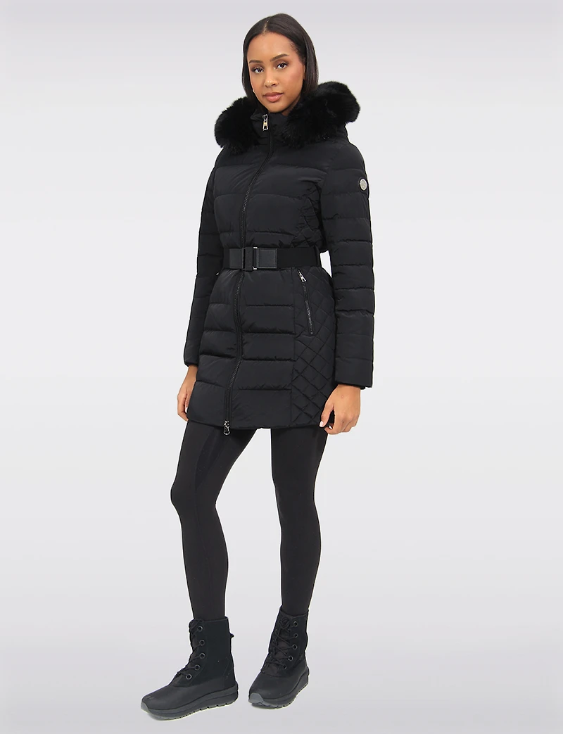 Eco-Down Vegan Belted Parka Dual Quilted Hooded Faux Fur Trimmed Coat by Saki