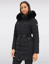 Eco-Down Vegan Belted Parka Dual Quilted Hooded Faux Fur Trimmed Coat by Saki