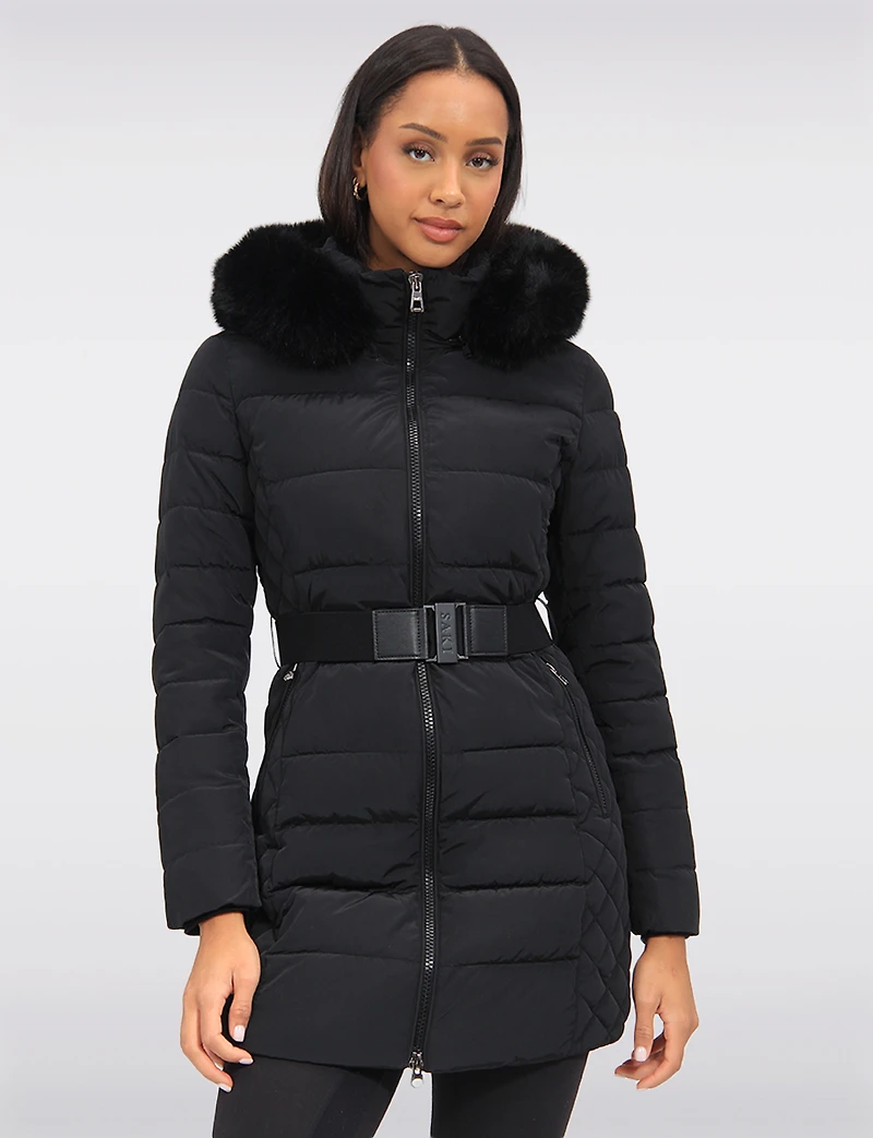 Eco-Down Vegan Belted Parka Dual Quilted Hooded Faux Fur Trimmed Coat by Saki