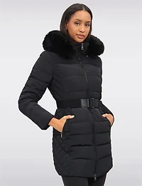 Eco-Down Vegan Belted Parka Dual Quilted Hooded Faux Fur Trimmed Coat by Saki