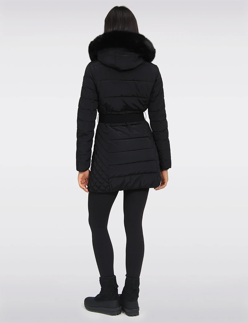 Eco-Down Vegan Belted Parka Dual Quilted Hooded Faux Fur Trimmed Coat by Saki