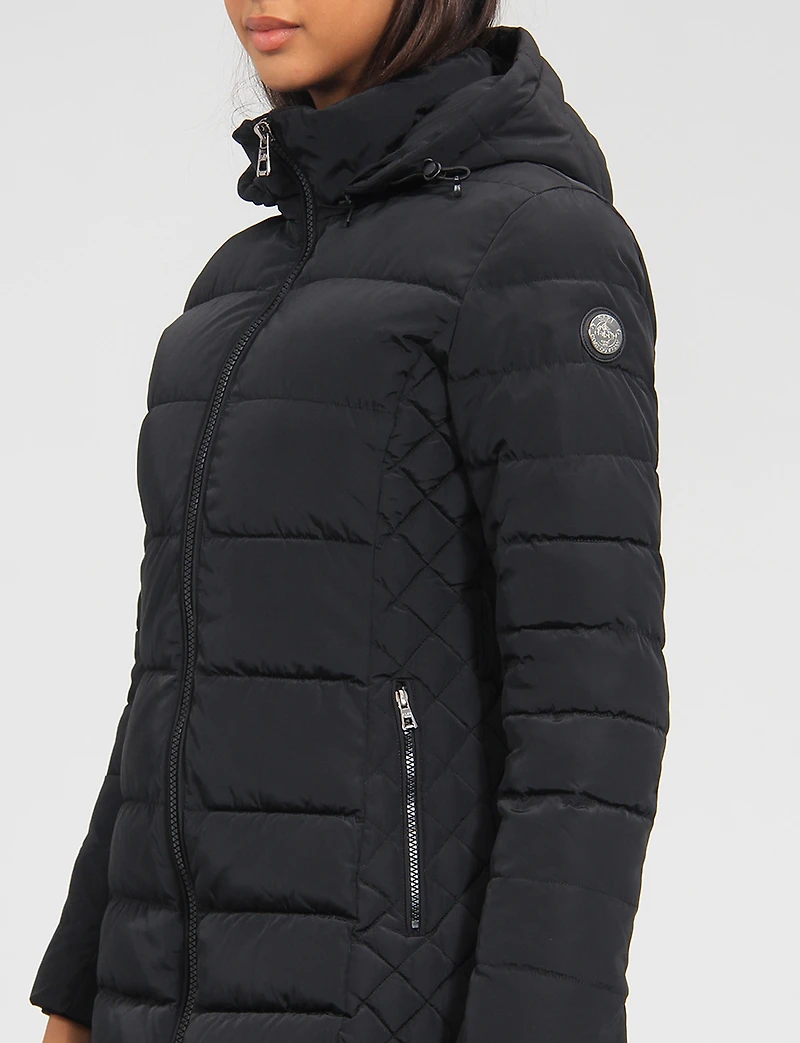 Eco-Down Vegan Belted Parka Dual Quilted Hooded Faux Fur Trimmed Coat by Saki