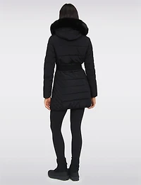 Eco-Down Vegan Belted Parka Dual Quilted Hooded Faux Fur Trimmed Coat by Saki
