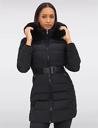 Eco-Down Vegan Belted Parka Dual Quilted Hooded Faux Fur Trimmed Coat by Saki
