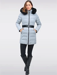 Eco-Down Vegan Belted Parka Dual Quilted Hooded Faux Fur Trimmed Coat by Saki