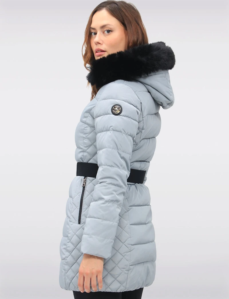 Eco-Down Vegan Belted Parka Dual Quilted Hooded Faux Fur Trimmed Coat by Saki