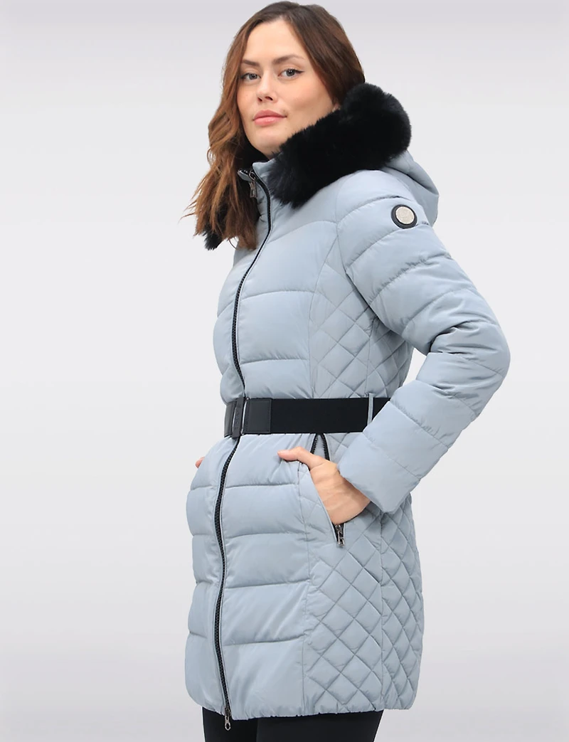 Eco-Down Vegan Belted Parka Dual Quilted Hooded Faux Fur Trimmed Coat by Saki