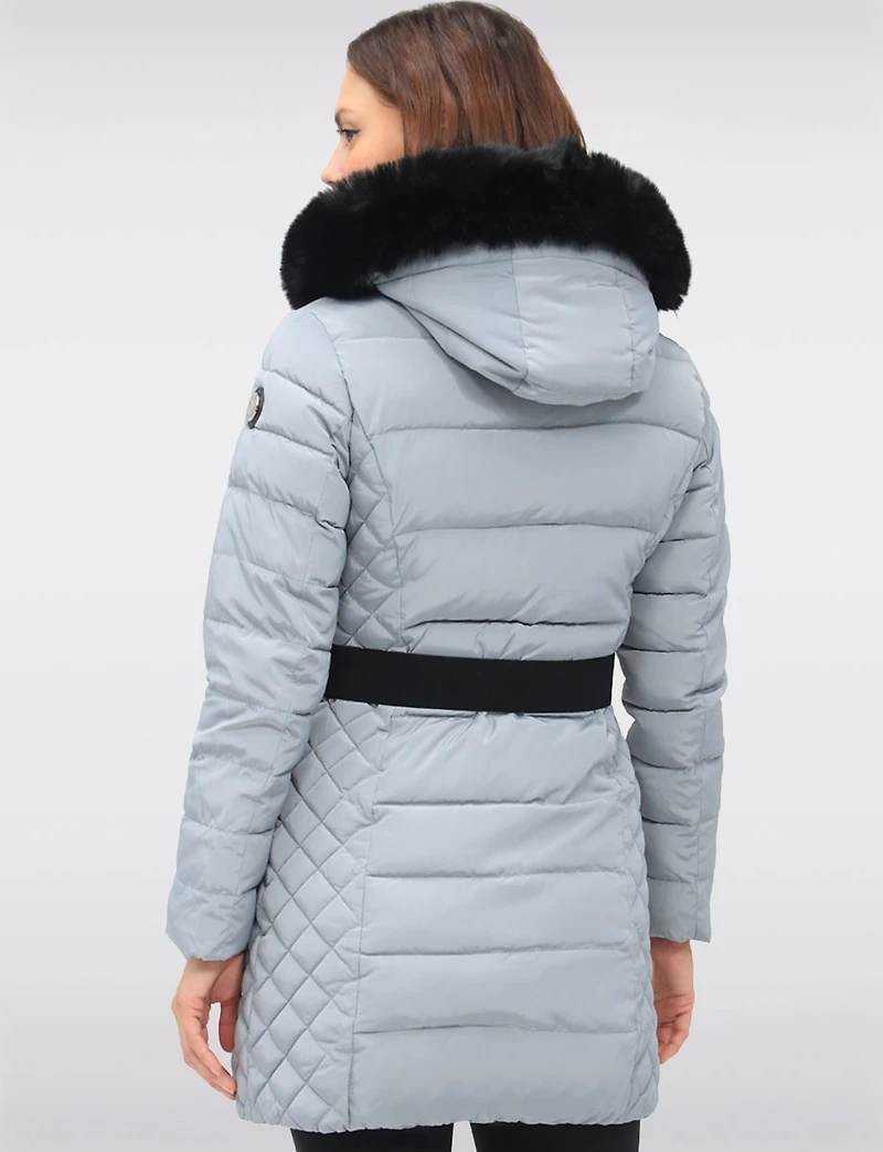 Eco-Down Vegan Belted Parka Dual Quilted Hooded Faux Fur Trimmed Coat by Saki