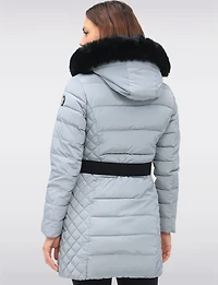 Eco-Down Vegan Belted Parka Dual Quilted Hooded Faux Fur Trimmed Coat by Saki